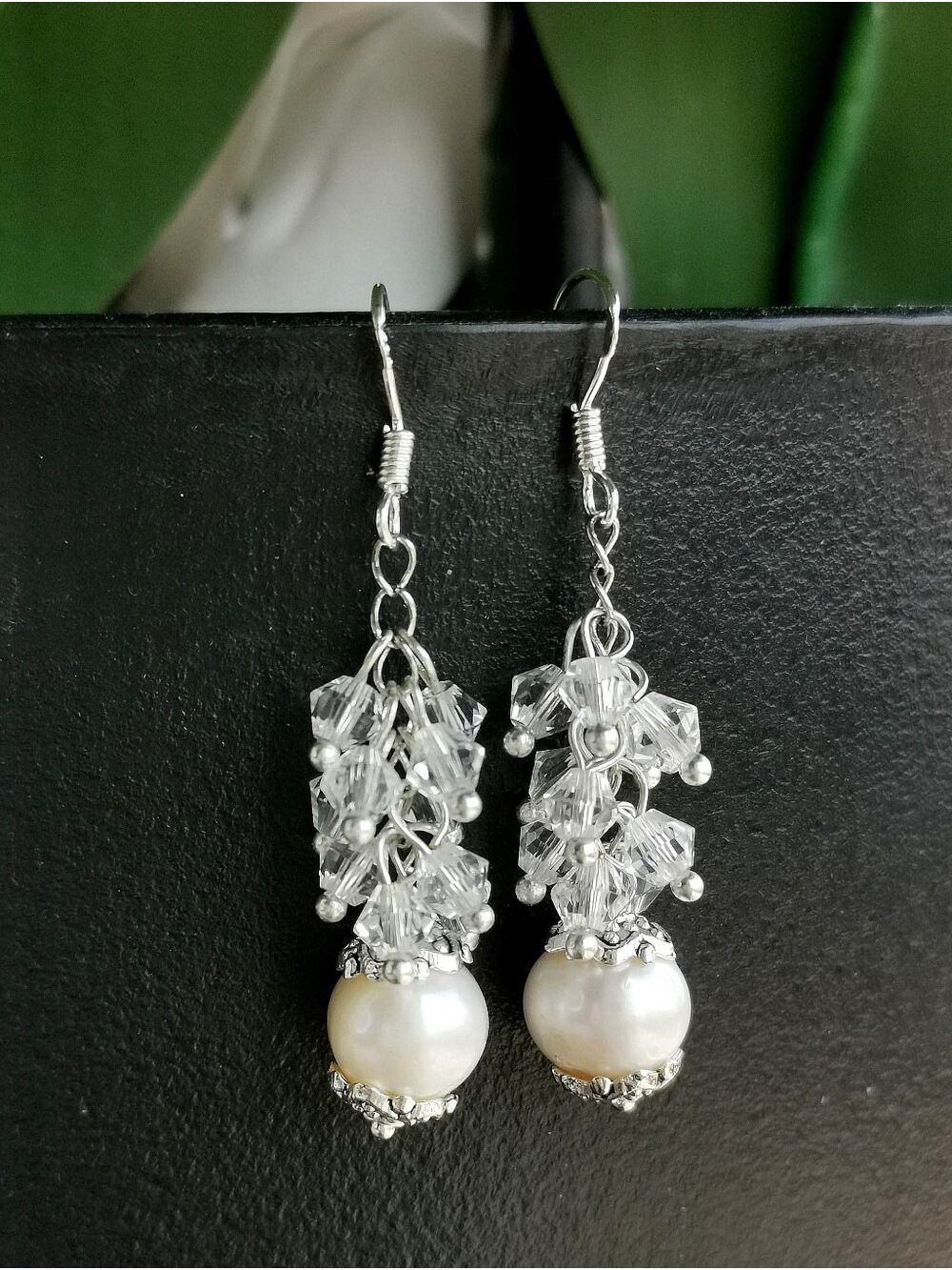Sterling silver White Freshwater Pearl Clear Crystal Earrings ๐